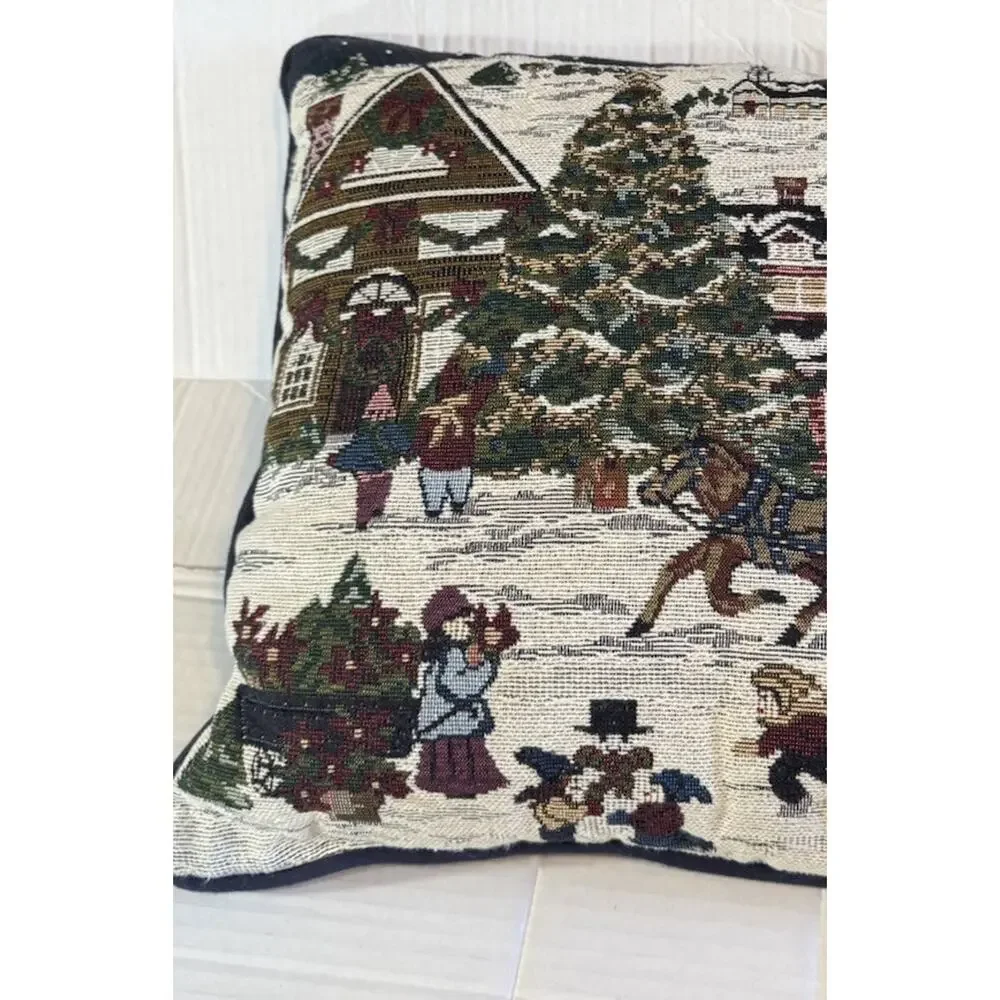 Christmas Scene Tapestry Throw Pillow Shops Holiday Town Winter Sleigh Snow
